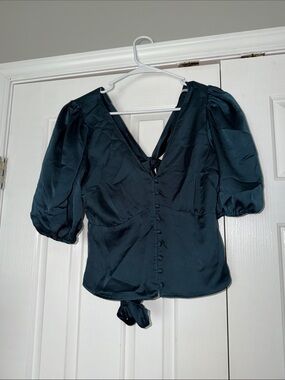 Abercrombie and Fitch Green Satin Puff Sleeve Tie Back Blouse size S